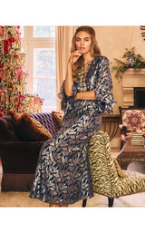 Bellina Silk Maxi Caftan - Low Tide Navy Leafy Babe Metallic Silk Clip