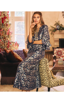 Bellina Silk Maxi Caftan - Low Tide Navy Leafy Babe Metallic Silk Clip