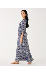 Bellina Silk Maxi Caftan - Low Tide Navy Leafy Babe Metallic Silk Clip