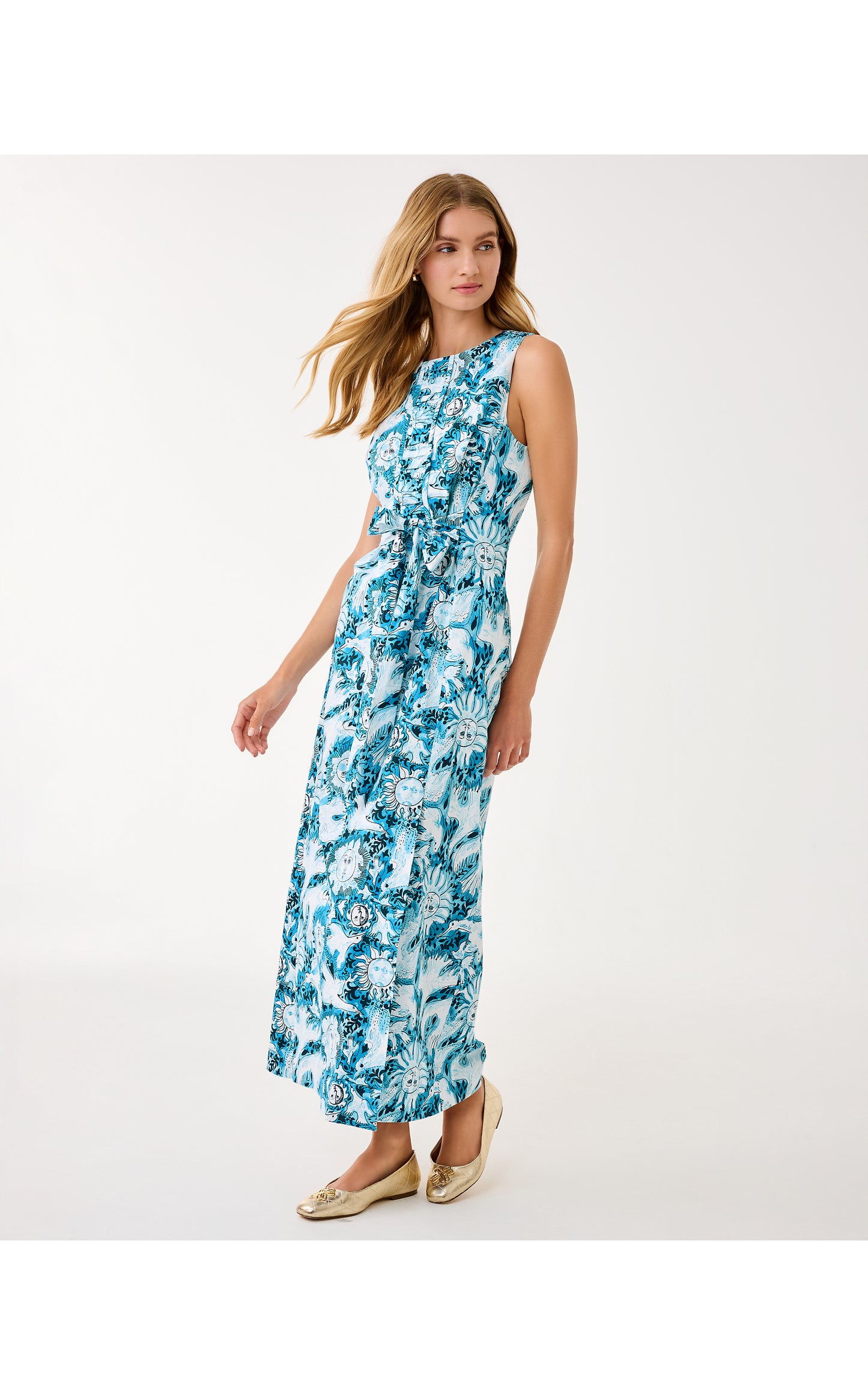 ClaraJane Stretch Maxi Shift Dress - Bellevue Blue Lilly Gulls