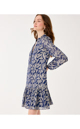 Evaline Silk Dress - Low Tide Navy Leafy Babe Metallic Silk Clip
