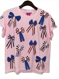 Light Pink Red, White & Blue Scattered Bow Tee