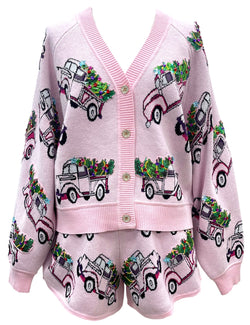 Light Pink Trucks With Christmas Tree Cardigan