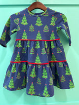 Girls Ashton Dress in Navy Festive Trees