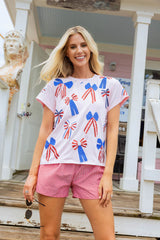 Light Pink Red, White & Blue Scattered Bow Tee