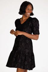 The Marcie Tiered Dress in Black Floral Stretch Jacquard