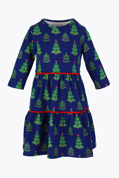 Girls Ashton Dress in Navy Festive Trees