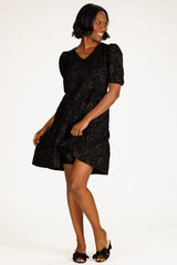 The Marcie Tiered Dress in Black Floral Stretch Jacquard