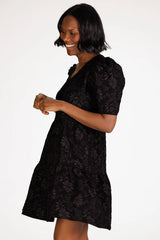 The Marcie Tiered Dress in Black Floral Stretch Jacquard