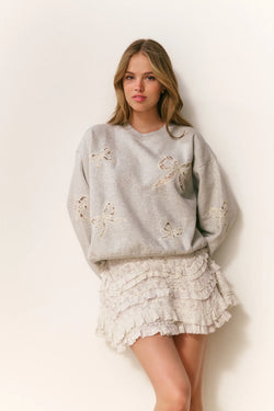 Linetta Lace Bow Pullover - Heather Grey