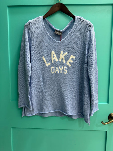 Lake Days V Neck Cotton Sweater - Beach Sky/Breaker White