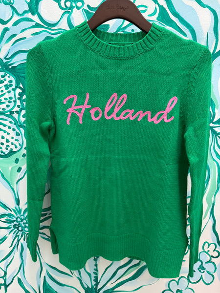 Crew Neck Holland Sweater - Kelly Green/Pink
