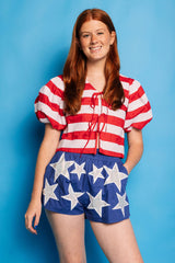 Red & White Stripe Cotton Poof Sleeve Tie Top