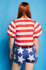 Red & White Stripe Cotton Poof Sleeve Tie Top
