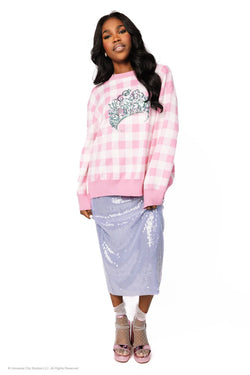 Licensed Pink Gingham Glinda Crown Sweater
