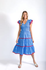 Coastal Blue Gingham Smocked V-Neck Midi with Ric-Rac