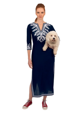Wash/Wear Embroidered Caftan - The Reef Navy