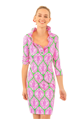 Jersey Ruffneck Dress - Indian Summer - Green/Pink