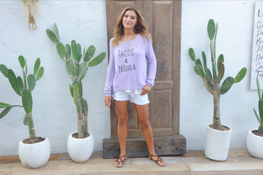 Tacos and Tequila Crew Cotton Sweater - Lavender/Bold Ink