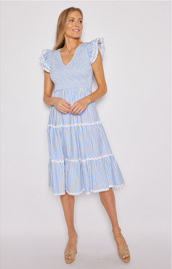 Blue Stripe Flutter Sleeve V-Neck Smocked Midi