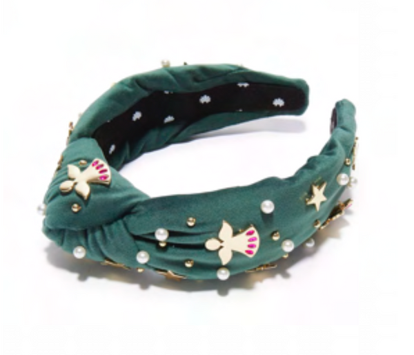 Forest Green Angel Bell Embellished Knotted Headband