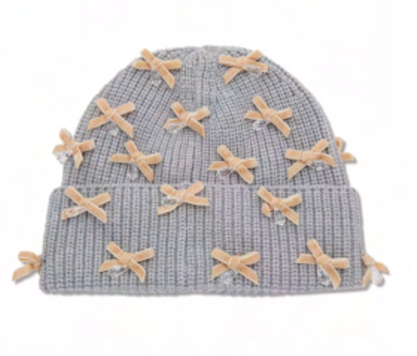 Dove Grey Bow Embellished Beanie