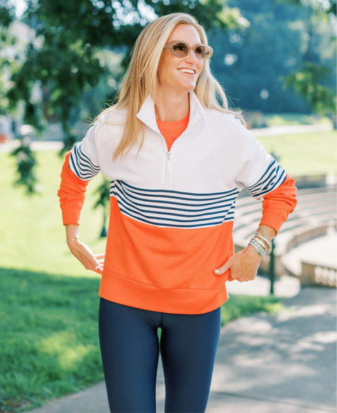 Soft Luxe Varsity Quarter Zip - Super White/Navy Stripe/Papaya