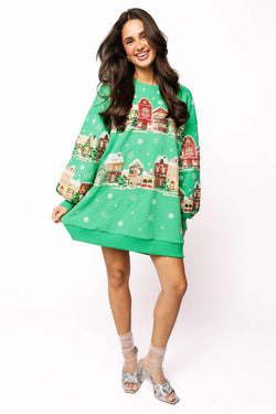 Green Snowy Christmas Village Sweatshirt Dress