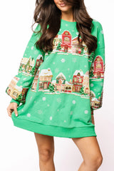 Green Snowy Christmas Village Sweatshirt Dress