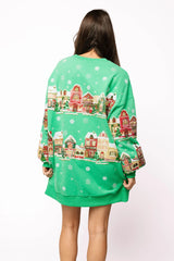 Green Snowy Christmas Village Sweatshirt Dress