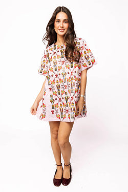 Light Pink Cotton Nutcracker & Candy Cane Short Sleeve Dress