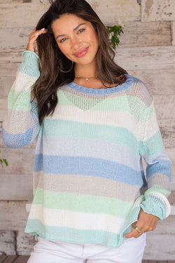 Flower Market Crew Cotton Sweater - Blue Stripe