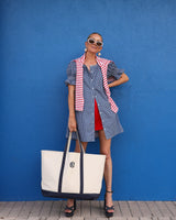 Cotton Poplin Short Sleeve Sailor Dress - Navy Gingham