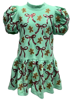 Mint Green Gingerbread Men & Bows Dress