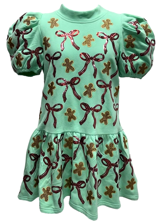 Mint Green Gingerbread Men & Bows Dress