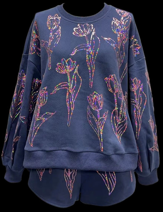 Navy Flower Outlined Sweatshirt