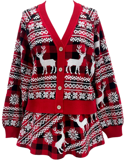 Red & Black Plaid Buffalo Plaid Cardigan with Snowflakes & Reindeer