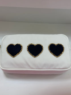 Small Pouch in Blanc with 3 Sapphire Glitter Varsity Hearts Sewn On
